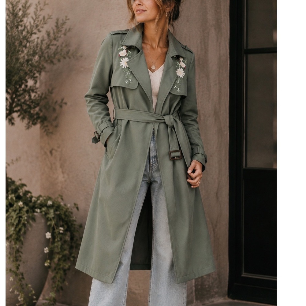 Vero Moda Trench Coat Womens 160/80A Olive Green Good Floral Embroidered Belted